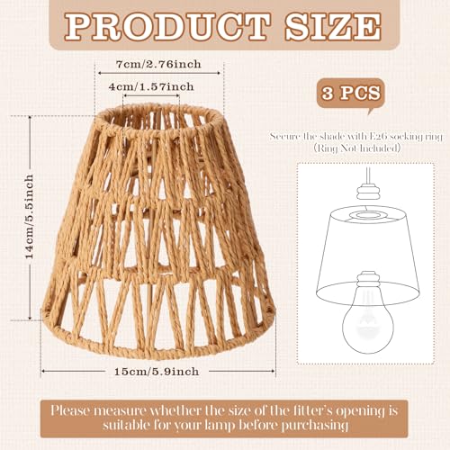 Tujoe 6 Pcs Small Rattan Bell Lamp Shade Boho Handwoven Barrel Rattan Chandelier Shades Replacement for Table Floor Lamp Pendant Light Fixtures, 5.5" H x 5.9" D, 2.76" Fitter - Image 2