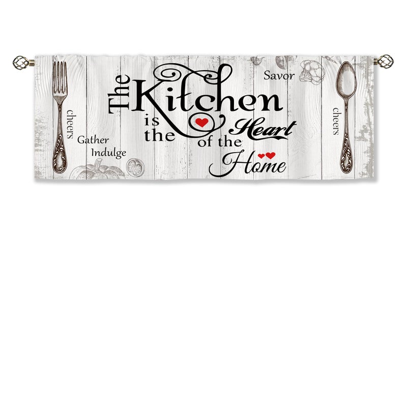 Vintage spoon Fork printing curtain head country style wood check short curtain (single piece) White - Image 5