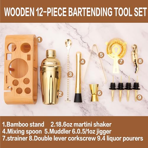 JNWINOG 12Pcs-Cocktail Shaker Set Stainless Steel Bartending Kit 18.6oz Cocktail Bar Set Cocktail Mix Drink Making Kit Professional Bar and Home Drink Bar Tools for Bartender(Gold, 12Pcs) - Image 4