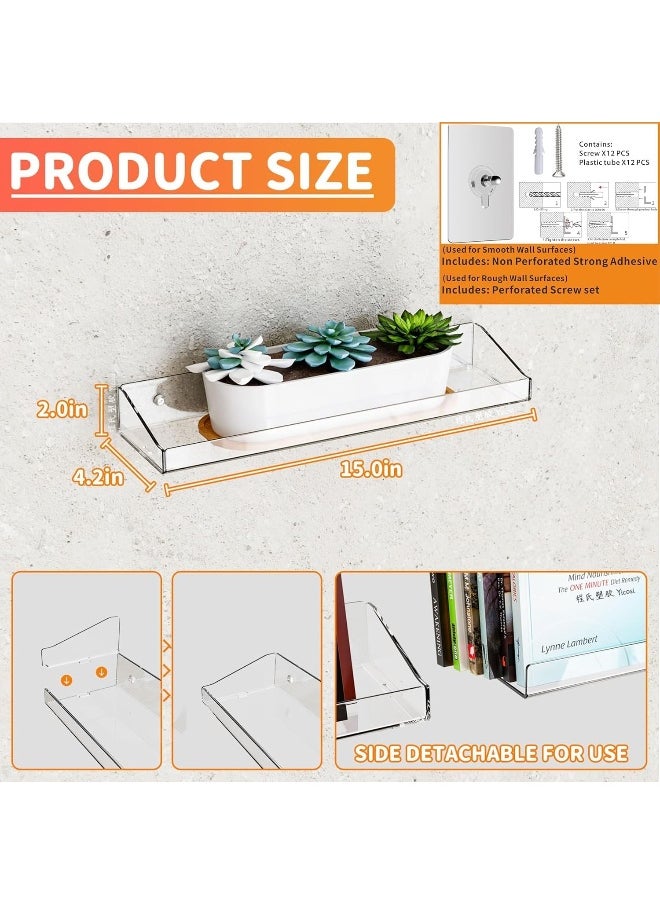 Horoof Home Horoof Home® 8-Pack Clear Acrylic Floating Shelves, 37.5x10.5x5 cm, Wall-Mounted Display Shelf for Bedroom, Bathroom, Living Room & Office  - Image 3