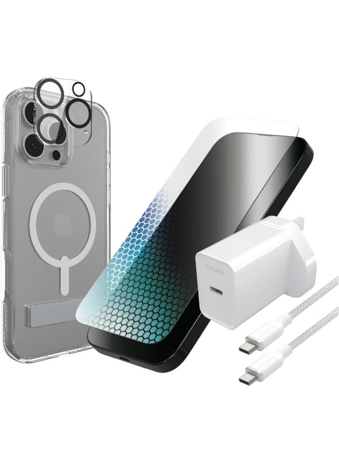 زاج حزمة حماية وطاقة موفي ضد الضوء الأزرق - غلاف كريستال بالاس سناب، واقي شاشة وكاميرا إنفزبل شيلد XTR4، شاحن حائط USB-C PD بقوة 20 واط، كابل USB-C إلى USB-C (16 برو ماكس) شفاف - Image 1