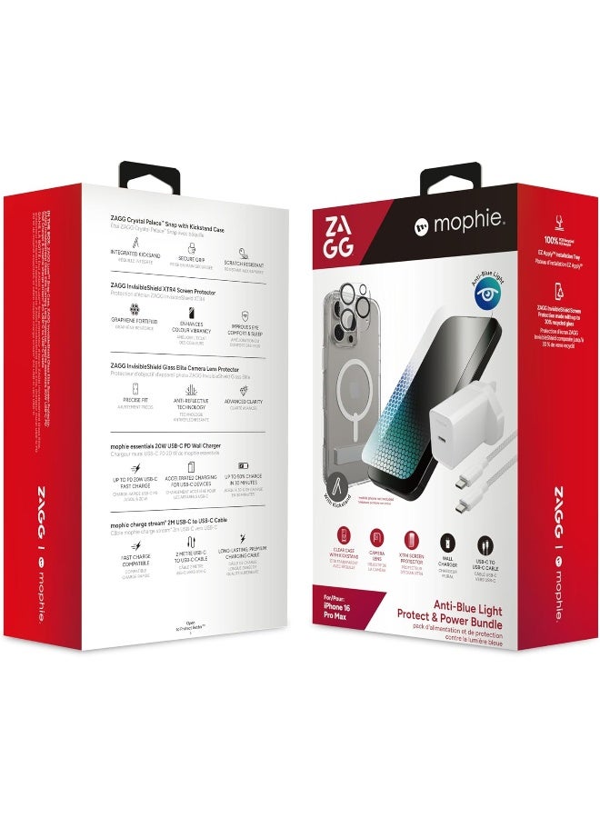 زاج حزمة حماية وطاقة موفي ضد الضوء الأزرق - غلاف كريستال بالاس سناب، واقي شاشة وكاميرا إنفزبل شيلد XTR4، شاحن حائط USB-C PD بقوة 20 واط، كابل USB-C إلى USB-C (16 برو ماكس) شفاف - Image 2