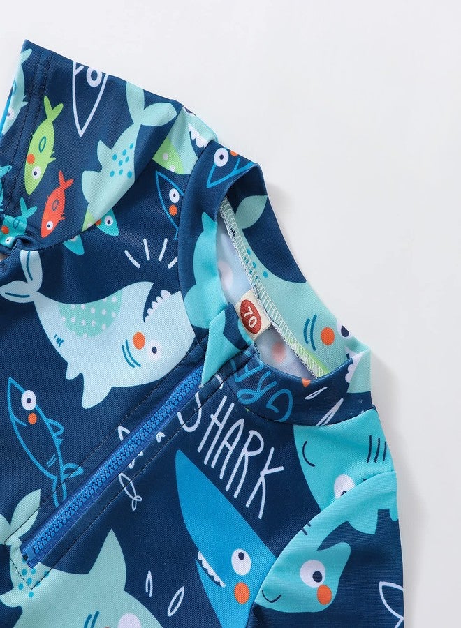 Ayalinggo Toddler Baby Boy Shark Print Bathing Suit Half Zip Up One Piece Romper Short Sleeve Summer Rashguard Swimsuit Blue, 1-2 Years - Image 3