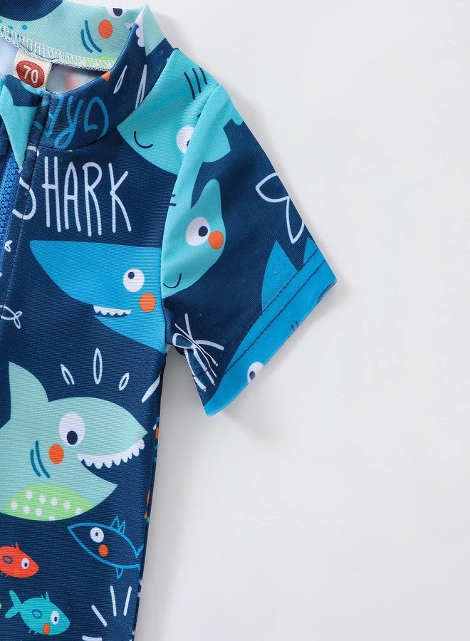 Ayalinggo Toddler Baby Boy Shark Print Bathing Suit Half Zip Up One Piece Romper Short Sleeve Summer Rashguard Swimsuit Blue, 1-2 Years - Image 5