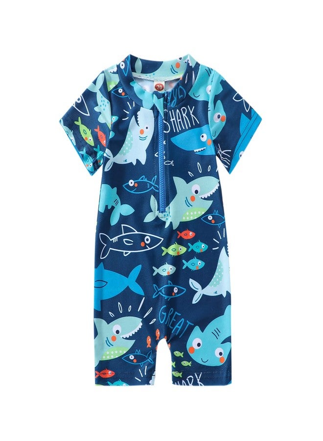 Ayalinggo Toddler Baby Boy Shark Print Bathing Suit Half Zip Up One Piece Romper Short Sleeve Summer Rashguard Swimsuit Blue, 1-2 Years - Image 1