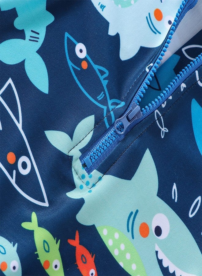 Ayalinggo Toddler Baby Boy Shark Print Bathing Suit Half Zip Up One Piece Romper Short Sleeve Summer Rashguard Swimsuit Blue, 1-2 Years - Image 4