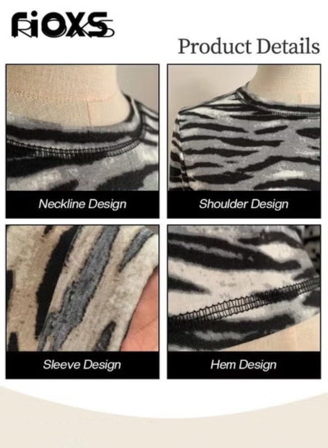 RIOXS Women's Long Sleeve Basic Shirts with Zebra Stripes, Comfortable Skin-friendly Slim Fitted Underscrub, Soft Stretchy Zebra Print Tops, Round-neck Pullover for Ladies, Classic Simple Spring Fall Undershirt with Fitted Silhouette, for  Daily, Work, Going Out, Holiday, Vacation, Leisure and More - Image 3