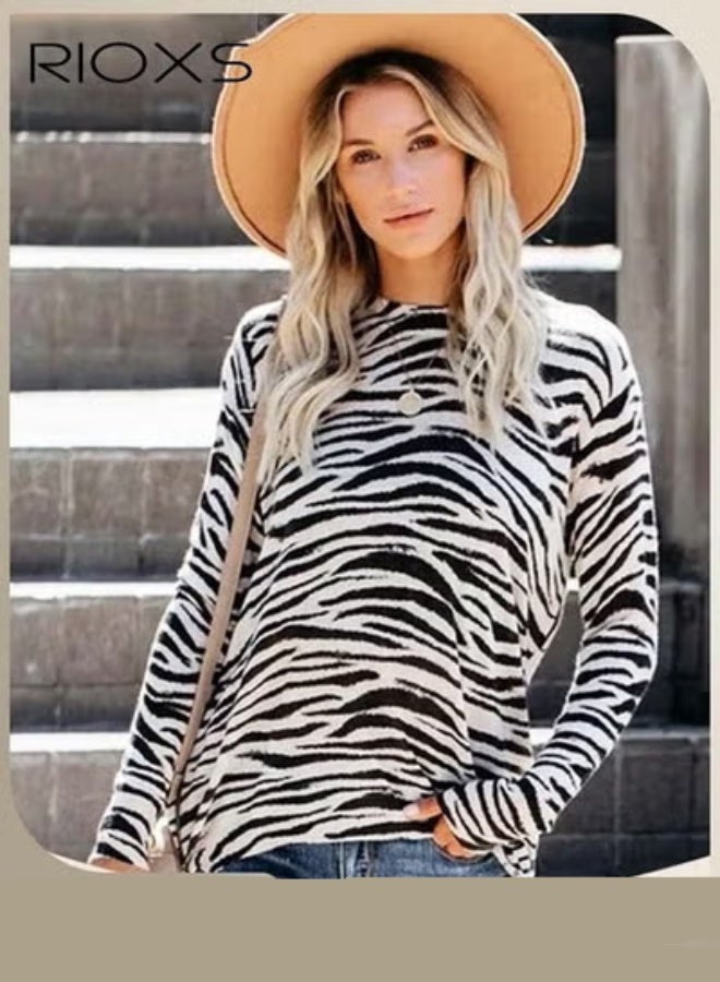 RIOXS Women's Long Sleeve Basic Shirts with Zebra Stripes, Comfortable Skin-friendly Slim Fitted Underscrub, Soft Stretchy Zebra Print Tops, Round-neck Pullover for Ladies, Classic Simple Spring Fall Undershirt with Fitted Silhouette, for  Daily, Work, Going Out, Holiday, Vacation, Leisure and More - Image 1