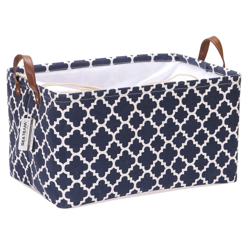 Sea Team Moroccan Lattice Pattern Canvas Fabric Storage Basket Collapsible Geometric Design Storage Bin with Drawstring Cover and PU Leather Handles 165 by 118 inches Waterproof Inner Dark Blue