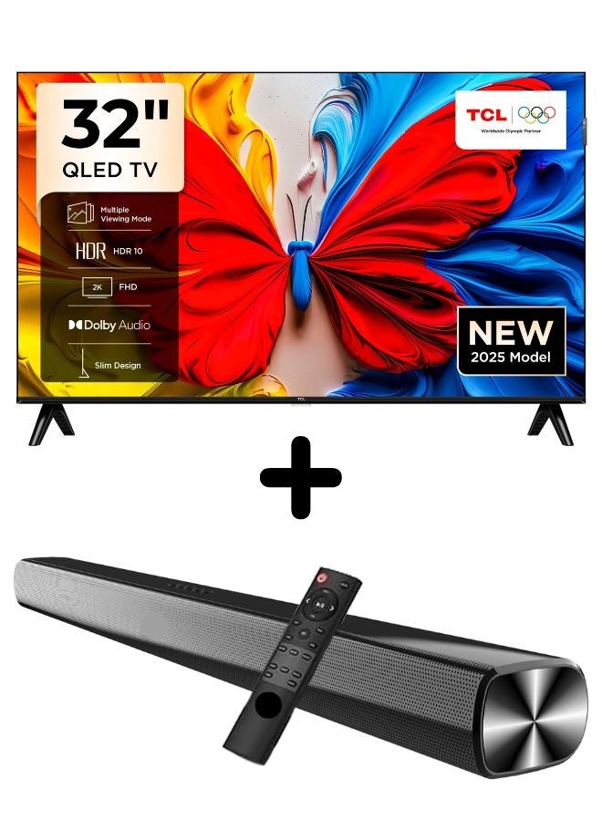 Bundle Of 32-inch S5K QLED Google TV (HDR10, Dolby Audio, Bezel-Less Design) With Soundbar (Bluetooth, FM Radio, 2.0 Channel Audio) 32S5K+SOUNDBAR Black