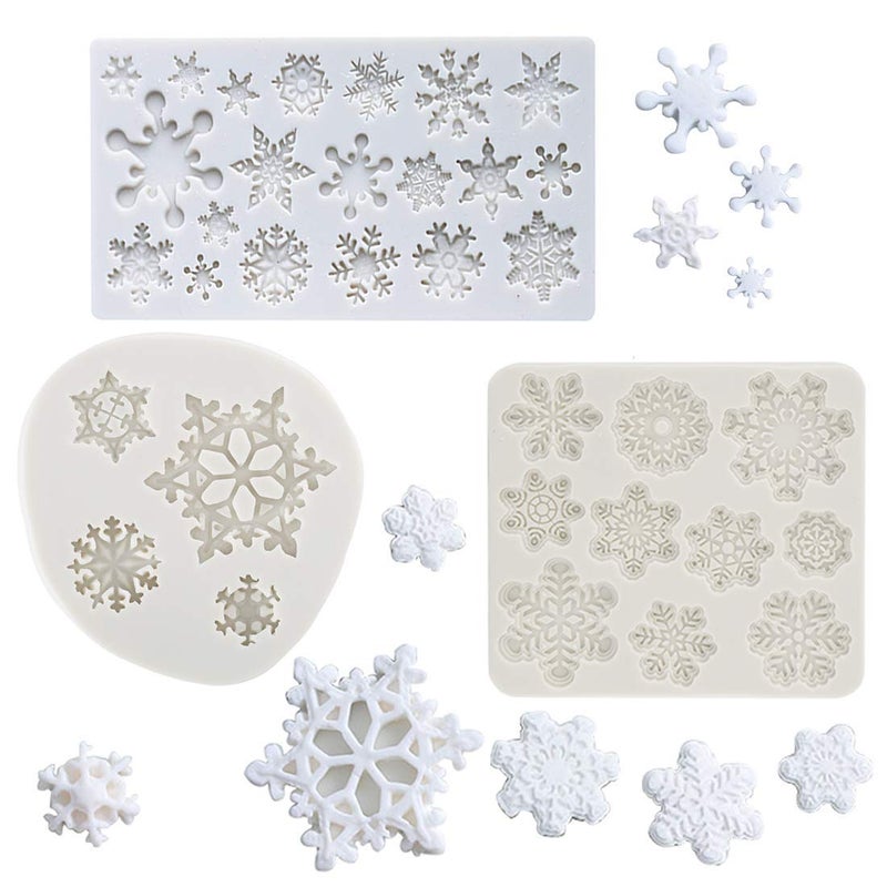 Set of 3 Winter Snowflake Fondant Molds Christmas Snowflake Silicone Sugarcraft Gum Paste Mold for Cake Cupcake Topper Decoration Chocolate Candy Polymer Clay Resin Mold Frozen Party Supplies