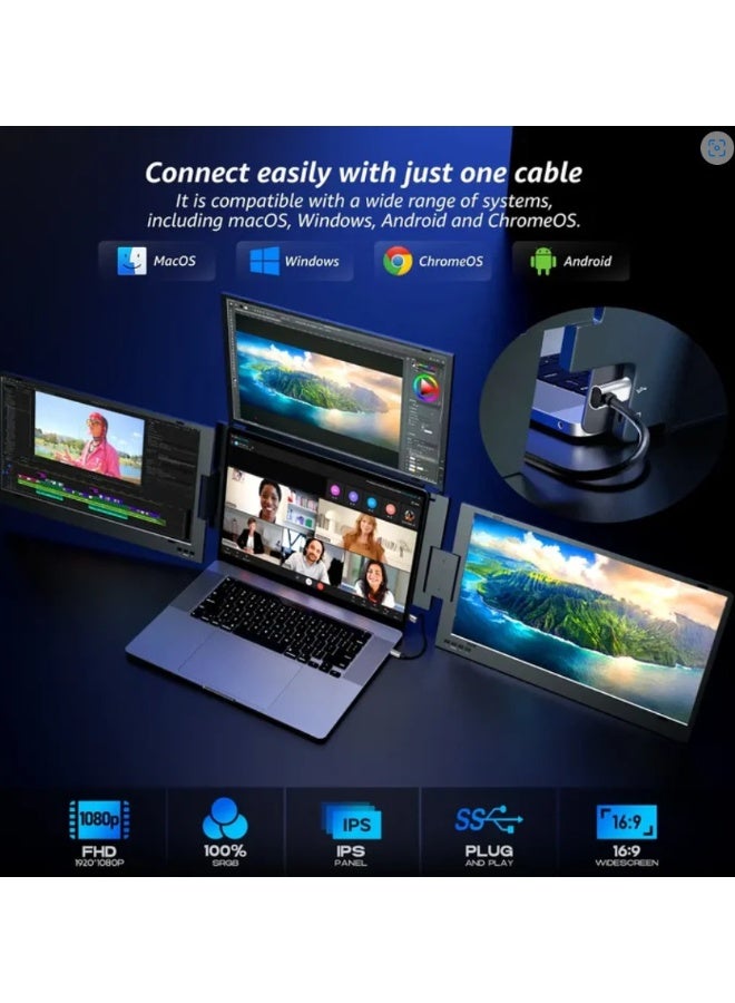 ڤي2كوم موسع شاشة لابتوب 15.6 بوصة بأربع شاشات مع ثلاث شاشات خارجية، FHD 1080P IPS، 350 نتس، USB-C/USB-A، شاشة محمولة للعمل المتعدد للأعمال، ثلاثية الشاشات، V2COM W3 - Image 5