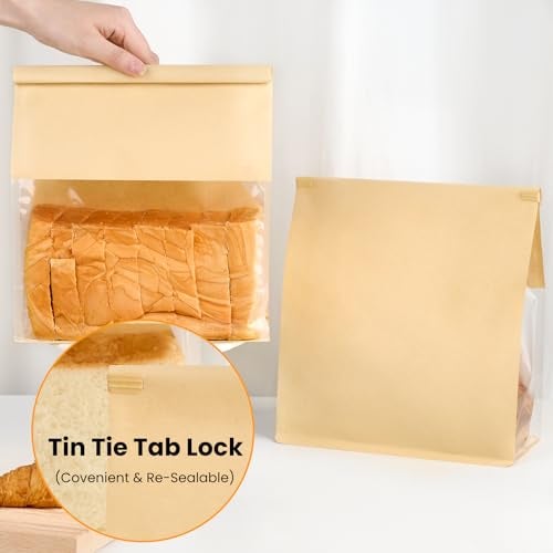 Ocmoiy 50 Pack Bread Bags for Homemade Breads, 8.7x4.3x11 Inches Resealable Tin Tie Tab Lock Large Bakery Packaging Bags with Window for Sourdough Bread, Bagels, Pastry - Image 4