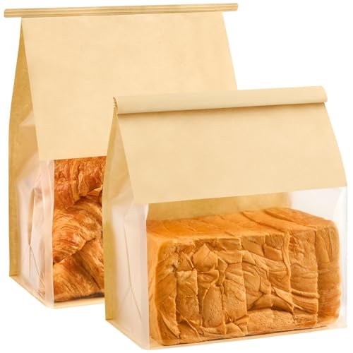Ocmoiy 50 Pack Bread Bags for Homemade Breads, 8.7x4.3x11 Inches Resealable Tin Tie Tab Lock Large Bakery Packaging Bags with Window for Sourdough Bread, Bagels, Pastry - Image 1