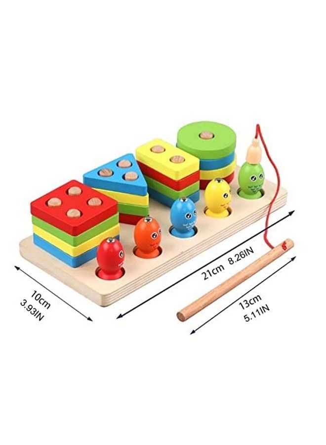 Smoneo 2 In 1 Wooden Blocks Puzzle Sorting And Stacking Socket Fishing Pole Game Play Set Early Education Learning Toy For Kids (4 Shape Sorter With 5 Magnetic Fish) Dm 32 - Image 5