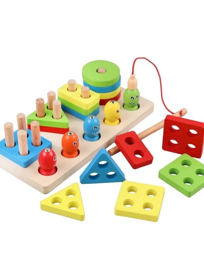 Smoneo 2 In 1 Wooden Blocks Puzzle Sorting And Stacking Socket Fishing Pole Game Play Set Early Education Learning Toy For Kids (4 Shape Sorter With 5 Magnetic Fish) Dm 32 - Image 1