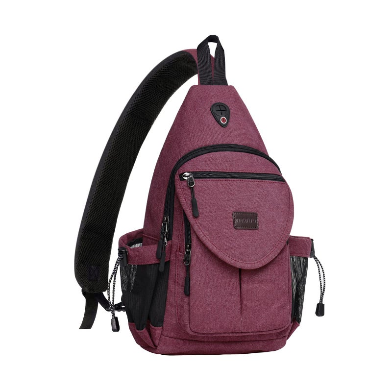 MOSISO Sling Backpack,Canvas Crossbody Hiking Daypack Bag with Anti-theft Pocket, Wine Red - Image 1