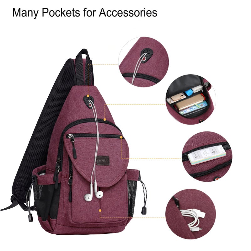 MOSISO Sling Backpack,Canvas Crossbody Hiking Daypack Bag with Anti-theft Pocket, Wine Red - Image 3
