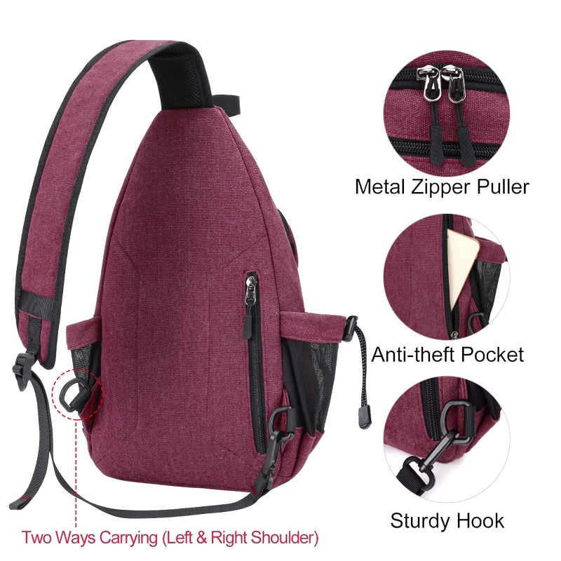 MOSISO Sling Backpack,Canvas Crossbody Hiking Daypack Bag with Anti-theft Pocket, Wine Red - Image 5
