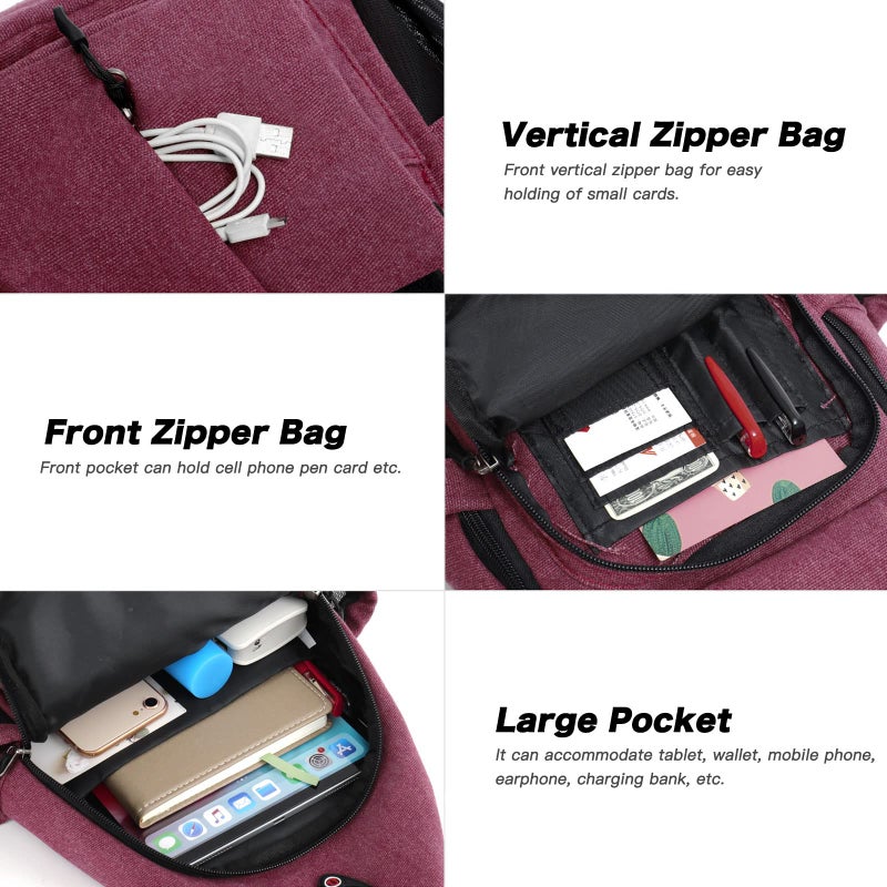 MOSISO Sling Backpack,Canvas Crossbody Hiking Daypack Bag with Anti-theft Pocket, Wine Red - Image 4