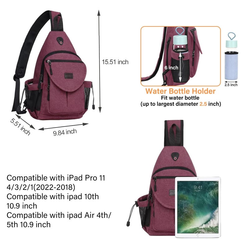 MOSISO Sling Backpack,Canvas Crossbody Hiking Daypack Bag with Anti-theft Pocket, Wine Red - Image 2