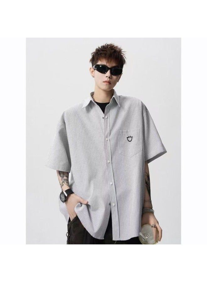 Embroidered Short-sleeved Shirt Men's Summer High Street Retro European Style Shirt College Style Casual Jacket