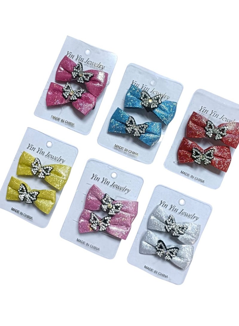 توك شعر بناتي كلبس – مجموعة 6 ألوان مع فيونكات لامعة مرصعة بالكريستال لإطلالة أنيقة