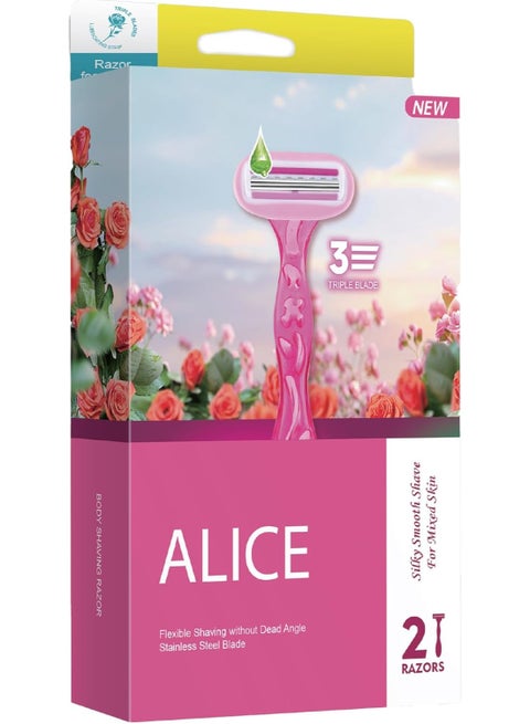 Alice Razor for Women – Set of 2 Body Shavers – Triple Stainless Blades, Flexible Head – Pink – For Mixed Skin