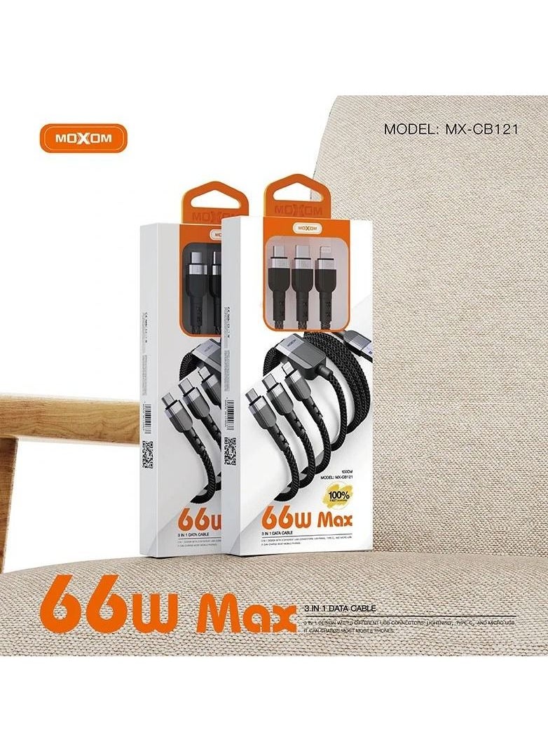 MOXOM 66w Fast Charging Braided 3 In 1 USB Cable for iPhone 14 Pro Max 13 Pro Max and Samsung Galaxy S23 Ultra S22 Ultra MX-CB121  - Image 4