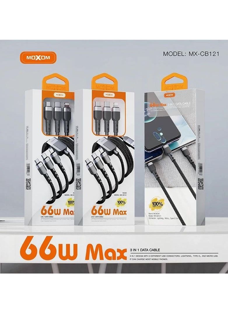 MOXOM 66w Fast Charging Braided 3 In 1 USB Cable for iPhone 14 Pro Max 13 Pro Max and Samsung Galaxy S23 Ultra S22 Ultra MX-CB121  - Image 5