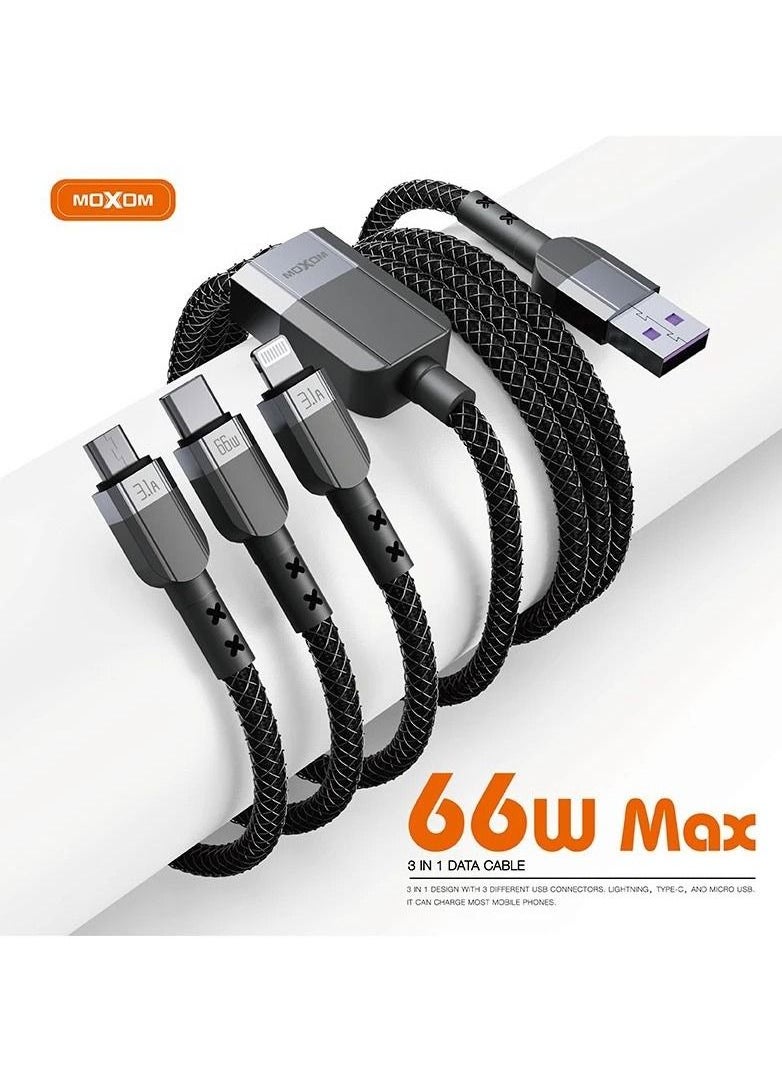 MOXOM 66w Fast Charging Braided 3 In 1 USB Cable for iPhone 14 Pro Max 13 Pro Max and Samsung Galaxy S23 Ultra S22 Ultra MX-CB121  - Image 2
