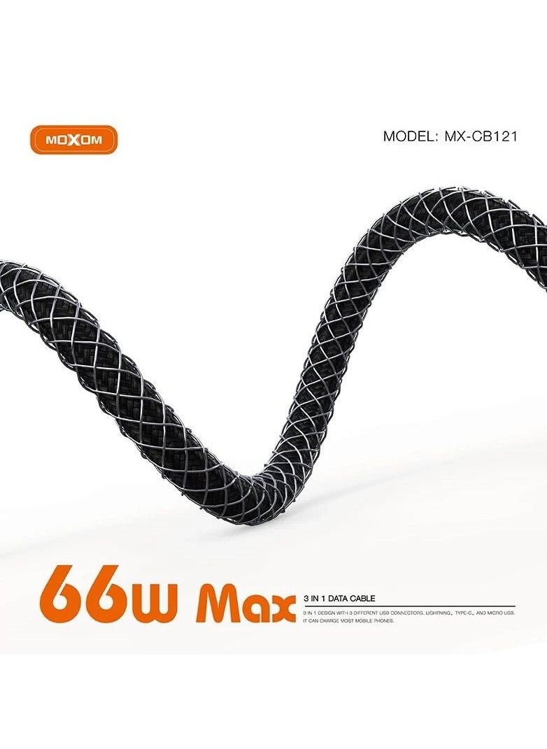 MOXOM 66w Fast Charging Braided 3 In 1 USB Cable for iPhone 14 Pro Max 13 Pro Max and Samsung Galaxy S23 Ultra S22 Ultra MX-CB121  - Image 3