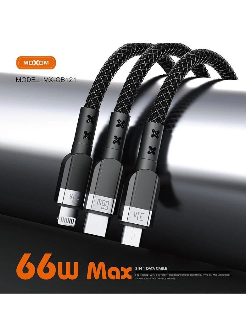 MOXOM 66w Fast Charging Braided 3 In 1 USB Cable for iPhone 14 Pro Max 13 Pro Max and Samsung Galaxy S23 Ultra S22 Ultra MX-CB121  - Image 1