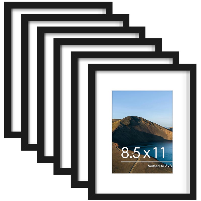 PEALSN 85 x 11 Picture Frame Set of 6 Display Pictures 6x8 with Mat or 85 x 11 without Mat for Wall Mounting Display Photo Frames Collage for Wall Decor Black
