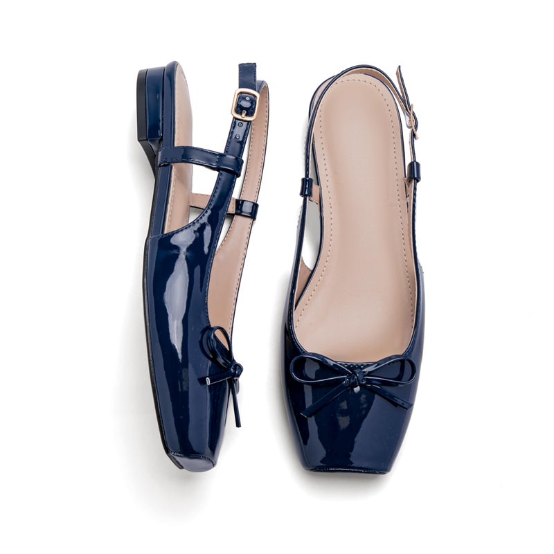 Lhamo Latso Navy Blue Flats for Women Ballerina Closed Square Toe Slip on Bowknot Flats Ballet Slingbacks Dressy Flat Shoes Satin 8 - Image 3