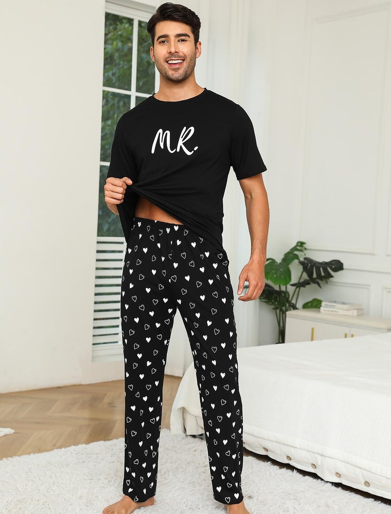 EISHOPEER Men's Sleepwear Pajama Set Lightweight Printed Round Neck Summer T-Shirt Pants Lounge Sets Black Letter Large - Image 3
