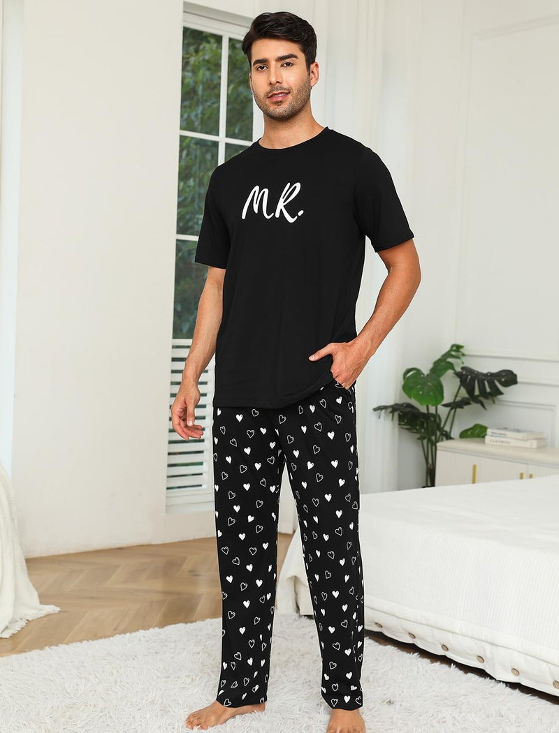 EISHOPEER Men's Sleepwear Pajama Set Lightweight Printed Round Neck Summer T-Shirt Pants Lounge Sets Black Letter Large - Image 4