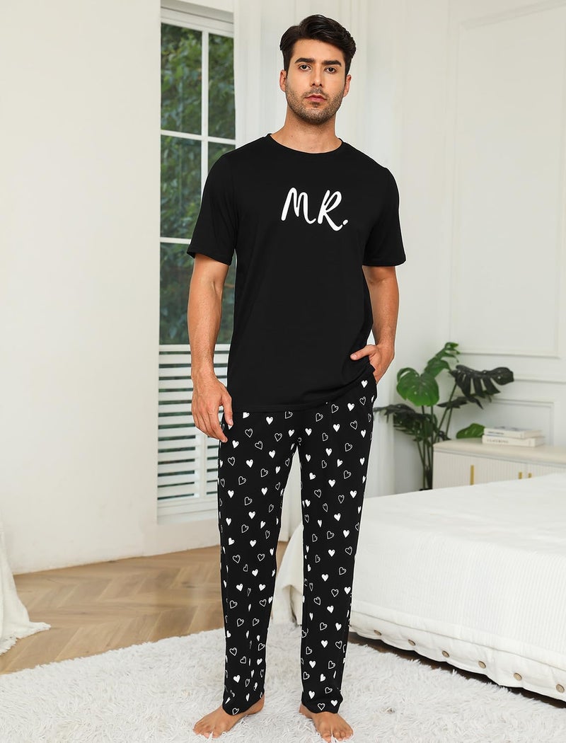 EISHOPEER Men's Sleepwear Pajama Set Lightweight Printed Round Neck Summer T-Shirt Pants Lounge Sets Black Letter Large - Image 2