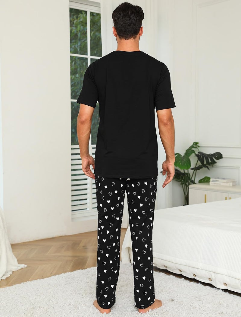 EISHOPEER Men's Sleepwear Pajama Set Lightweight Printed Round Neck Summer T-Shirt Pants Lounge Sets Black Letter Large - Image 5