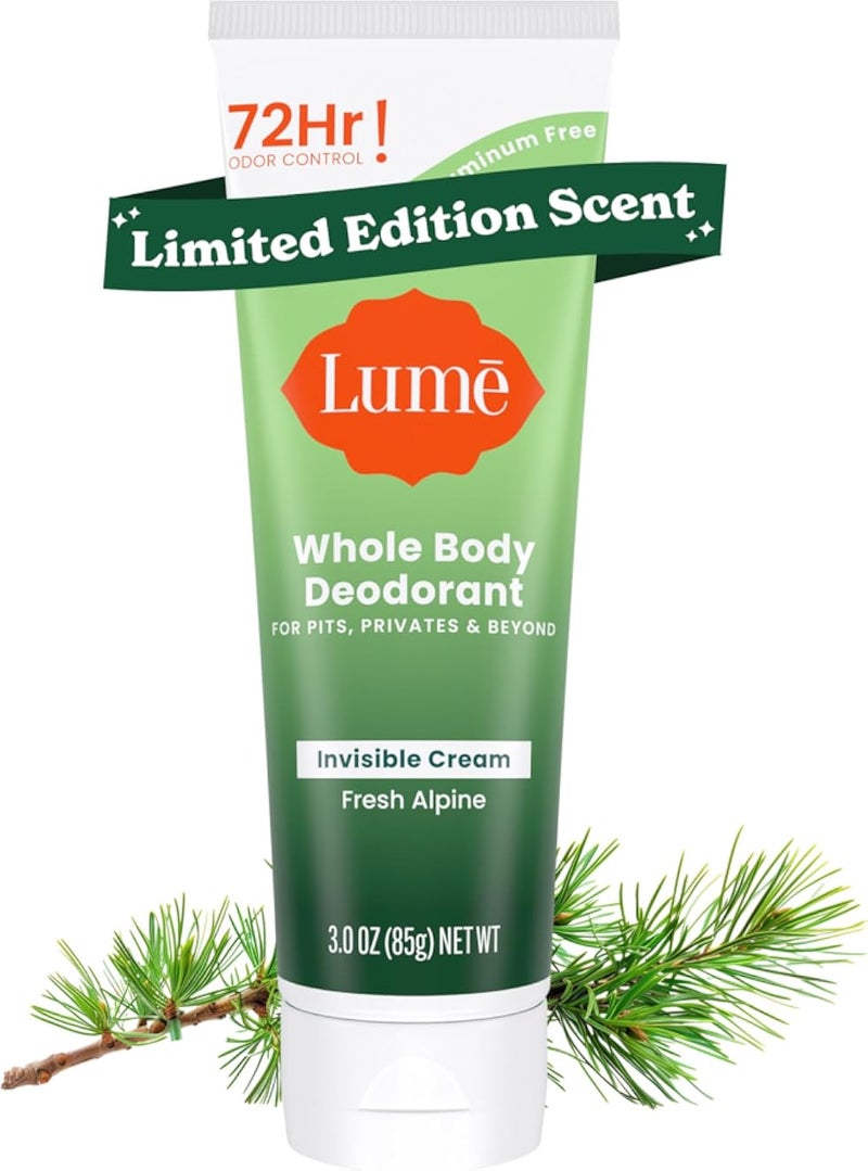 Lume Whole Body Deodorant - Invisible Cream Tube - 72 Hour Odor Control - Aluminum Free, Baking Soda Free, Skin Safe - 3.0 Oz (Fresh Alpine)