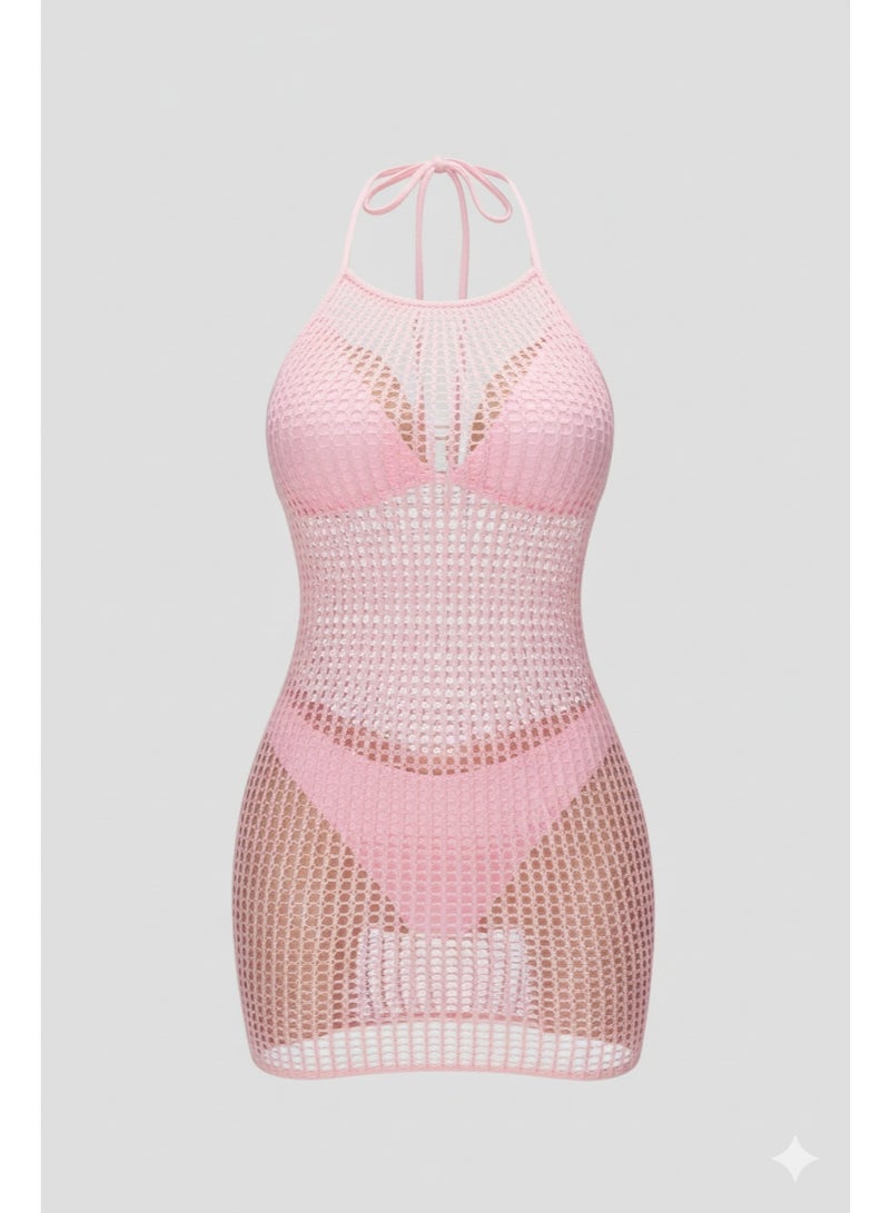 فستان شاطئ/كاش مايوه طويل من الدانتيل الشفاف بتصميم زهري أنيق