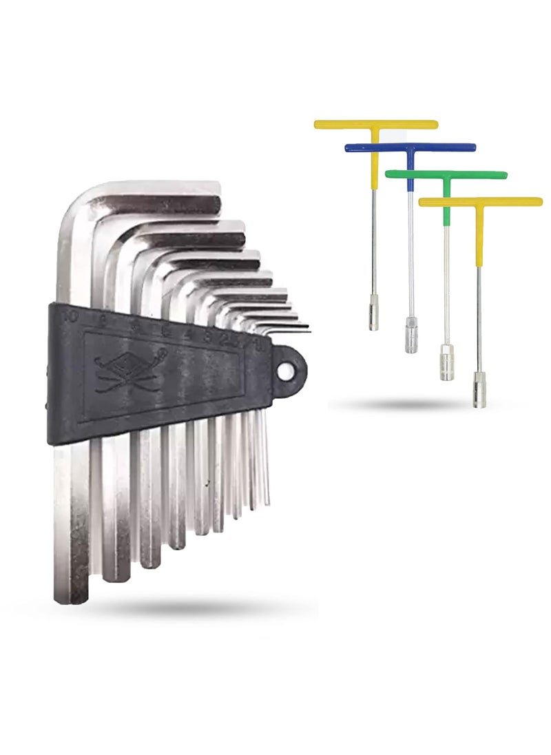 Hillgrove Hillgrove HGCM481M1 9 Pieces Full Hex Allen Key Kit with T Spanner Set Pack of 4 Wrench Bolt Spanner Goti Wrench L Shape Repair Tool Set for BikeBicycleCycleGuitar Allen Key Set  - Image 1
