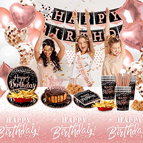 jenlion Birthday decorations for women rose gold - (Total 170pcs) happy birthday Supplies for women, Balloons,tablecloth,Foil Backdrops,Plates,Cups,Photo Props,Sash,Tableware for 24 Guests - Image 3