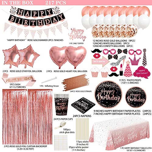 jenlion Birthday decorations for women rose gold - (Total 170pcs) happy birthday Supplies for women, Balloons,tablecloth,Foil Backdrops,Plates,Cups,Photo Props,Sash,Tableware for 24 Guests - Image 2