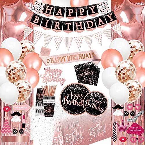 jenlion Birthday decorations for women rose gold - (Total 170pcs) happy birthday Supplies for women, Balloons,tablecloth,Foil Backdrops,Plates,Cups,Photo Props,Sash,Tableware for 24 Guests - Image 1