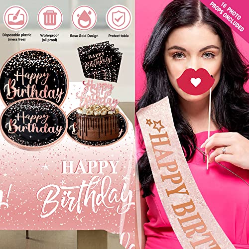jenlion Birthday decorations for women rose gold - (Total 170pcs) happy birthday Supplies for women, Balloons,tablecloth,Foil Backdrops,Plates,Cups,Photo Props,Sash,Tableware for 24 Guests - Image 5