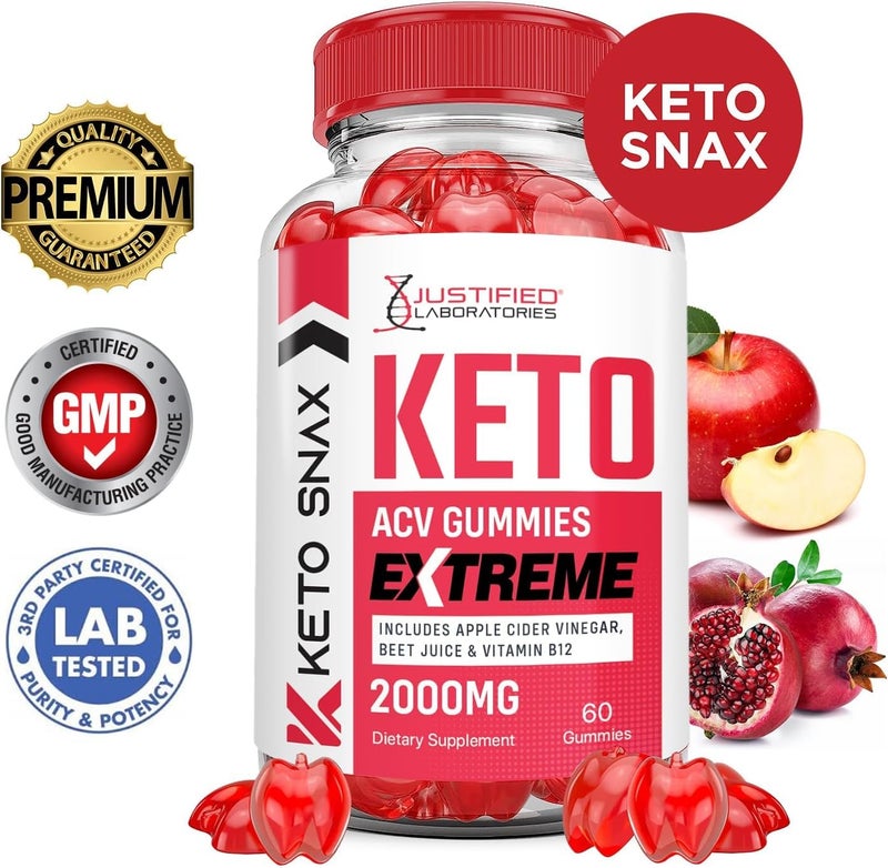 Justified Laboratories 2 Pack Keto Snax Keto ACV Gummies Extreme 2000MG Keto Snax Keto Gummies Advanced Formula Apple Cider Vinegar with Pomegranate Beet Juice Powder B12 Vegan Non GMO 120 Gummys - Image 3