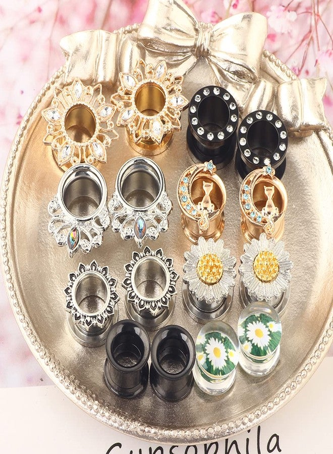 Suotarn 8 Pairs Ear Tunnels Gauges For Women Black Internally Flare Earrings Plugs Gauges For Ear Stainless Steel Plug Tunnel Piercing Stretcher Kit Rhinestone Flower Drop 10mm 00g - Image 2