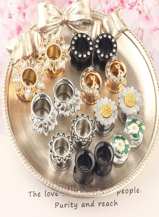 Suotarn 8 Pairs Ear Tunnels Gauges For Women Black Internally Flare Earrings Plugs Gauges For Ear Stainless Steel Plug Tunnel Piercing Stretcher Kit Rhinestone Flower Drop 10mm 00g - Image 3