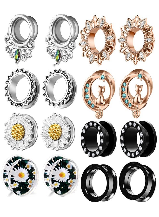 Suotarn 8 Pairs Ear Tunnels Gauges For Women Black Internally Flare Earrings Plugs Gauges For Ear Stainless Steel Plug Tunnel Piercing Stretcher Kit Rhinestone Flower Drop 10mm 00g - Image 1